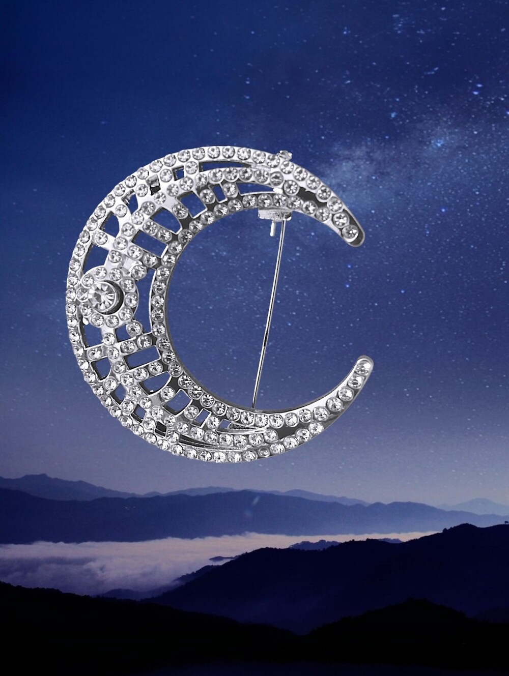 Crescent Moon Rhinestone Brooch